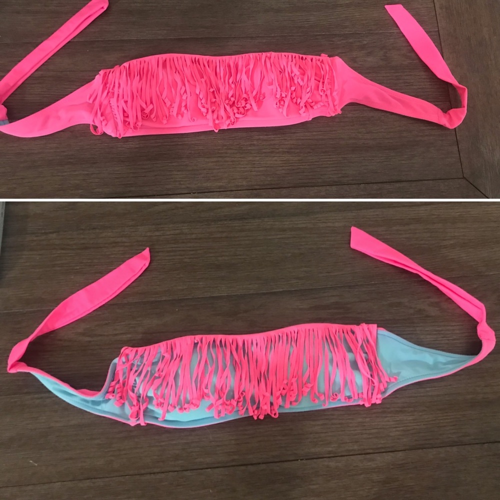 XS - S Reversible Hot Pink & Blue Fringe Strapless Bikini